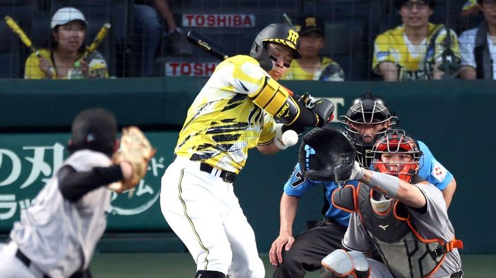 佐藤輝の左腕付近に死球 球場悲鳴