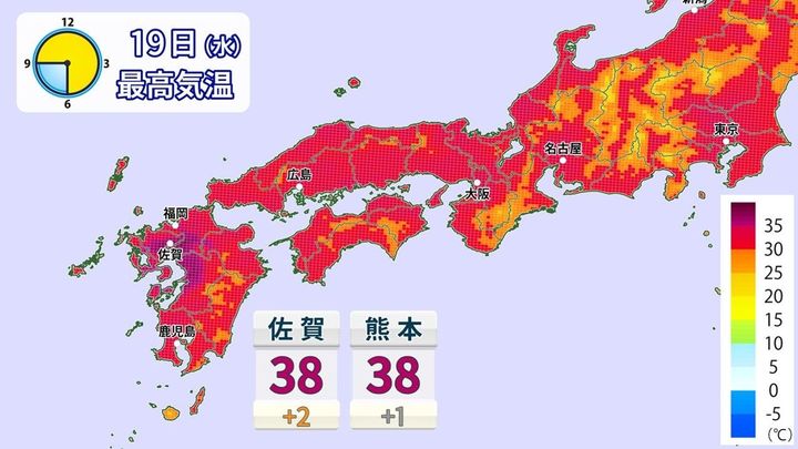 19日危険な暑さ 九州北部38℃予想