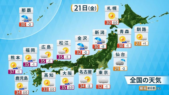 【天候】暑さ続く 北陸・東北は大雨恐れ